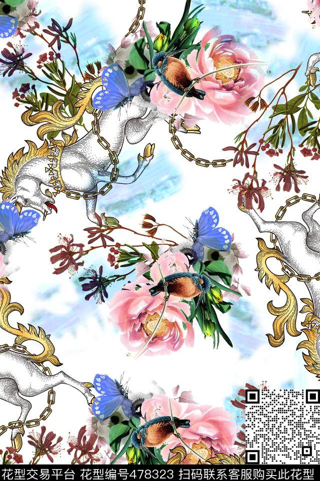 链条马水彩花卉鸟数码印花华亿平台下载（图片编号: 478323） - 瓦栏（Walan）