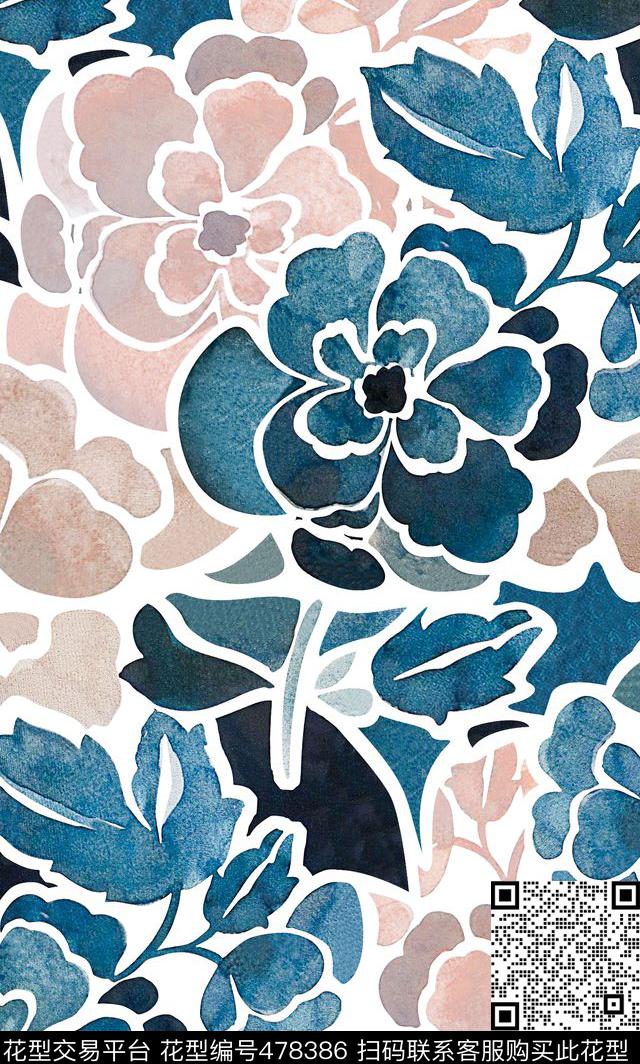 简约大牌手绘花朵数码印花华亿平台下载（图片编号: 478386） - 瓦栏（Walan）