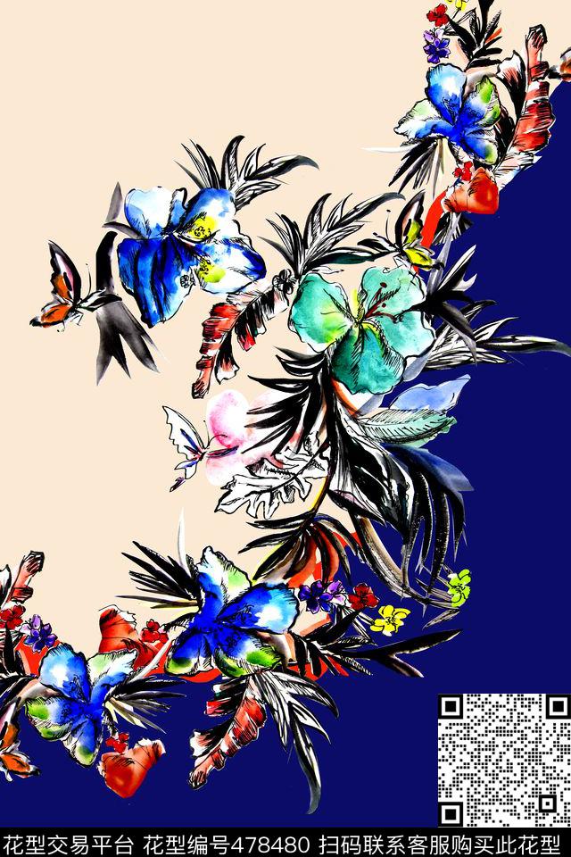 原创手绘水彩花卉撞色手绘花卉数码印花数码印花华亿平台下载（图片编号: 478480） - 瓦栏（Walan）
