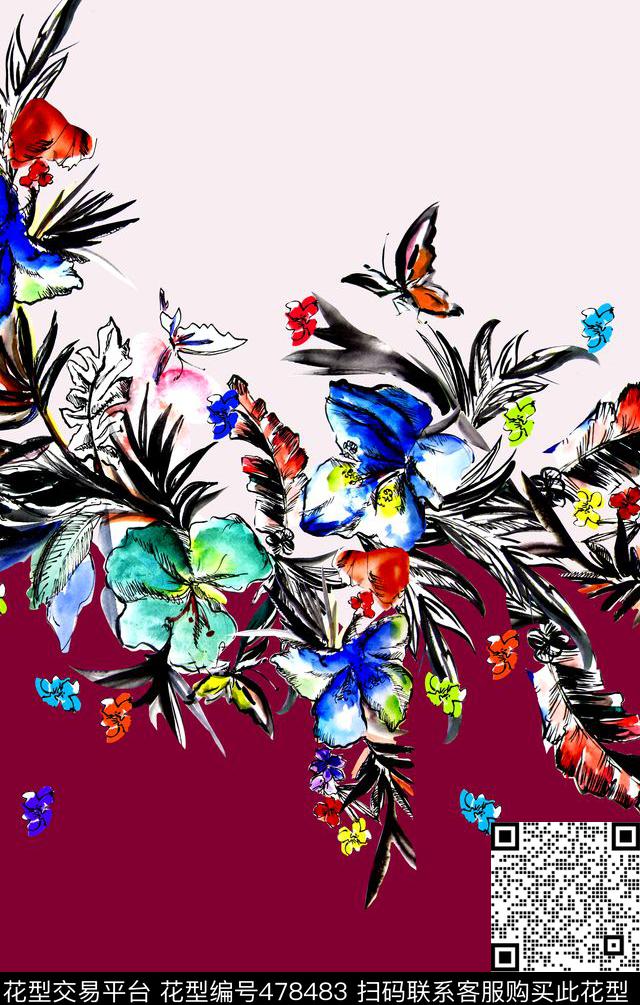 水彩花卉原创手绘撞色拼接数码印花华亿平台下载（图片编号: 478483） - 瓦栏（Walan）