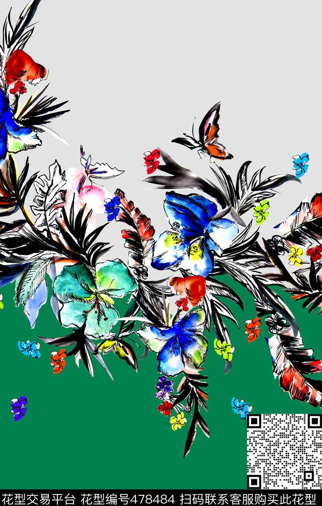 原创手绘水彩花卉撞色拼接数码印花华亿平台下载（图片编号: 478484） - 瓦栏（Walan）