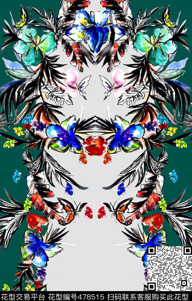 原创手绘水彩花卉对称撞色数码印花华亿平台下载（图片编号: 478515） - 瓦栏（Walan）