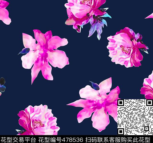 流行时尚欧美手绘花卉数码印花华亿平台下载（图片编号: 478536） - 瓦栏（Walan）