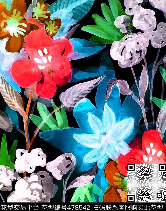 classicmodernflowerswatercolor数码印花华亿平台下载（图片编号: 478542） - 瓦栏（Walan）