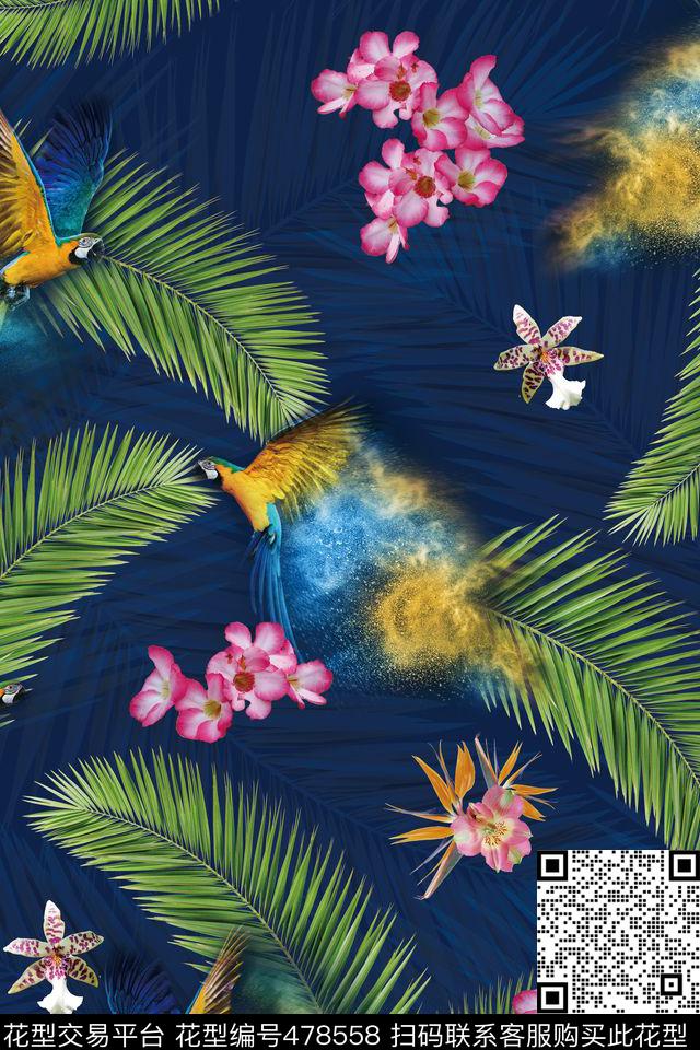 藏蓝底热带鹦鹉数码印花华亿平台下载（图片编号: 478558） - 瓦栏（Walan）