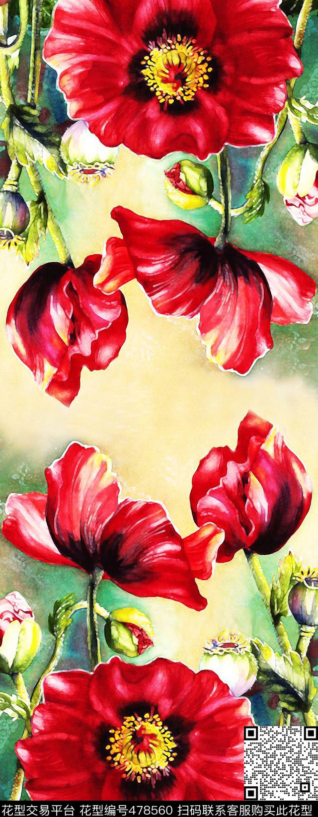 对称定位丝巾水彩花卉时尚新潮流行数码印花华亿平台下载（图片编号: 478560） - 瓦栏（Walan）