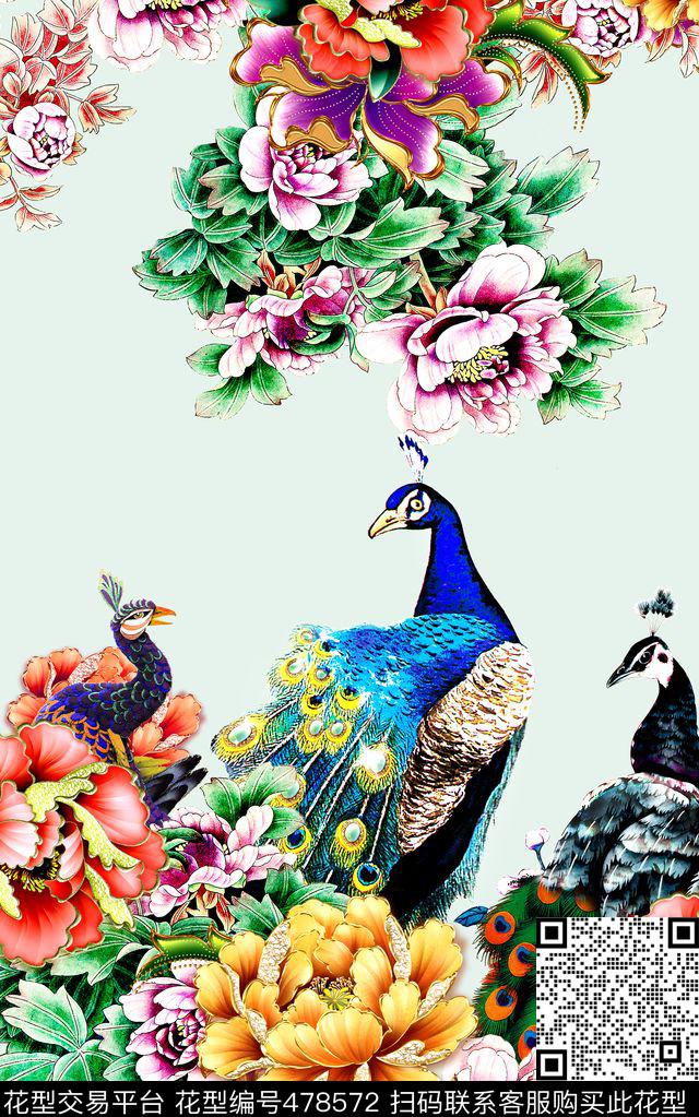 孔雀牡丹花中国风数码印花华亿平台下载（图片编号: 478572） - 瓦栏（Walan）
