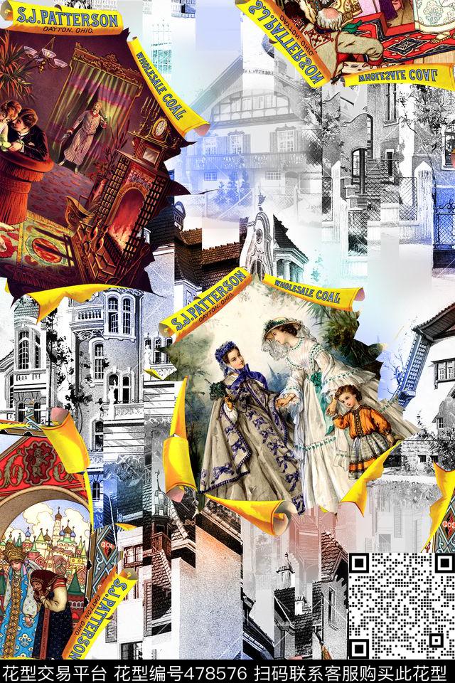 欧式建筑人物数码印花华亿平台下载（图片编号: 478576） - 瓦栏（Walan）