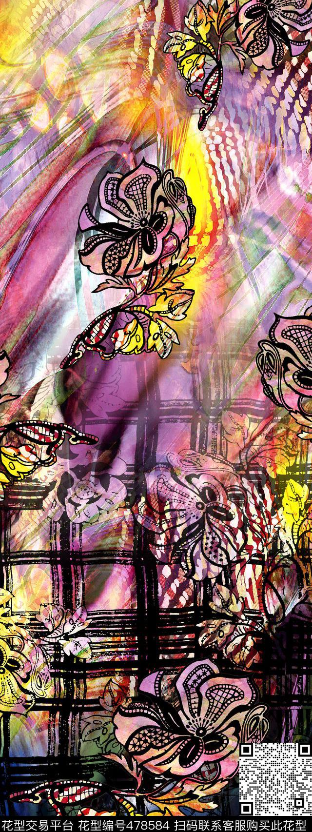 定位花卉抽象数码印花华亿平台下载（图片编号: 478584） - 瓦栏（Walan）