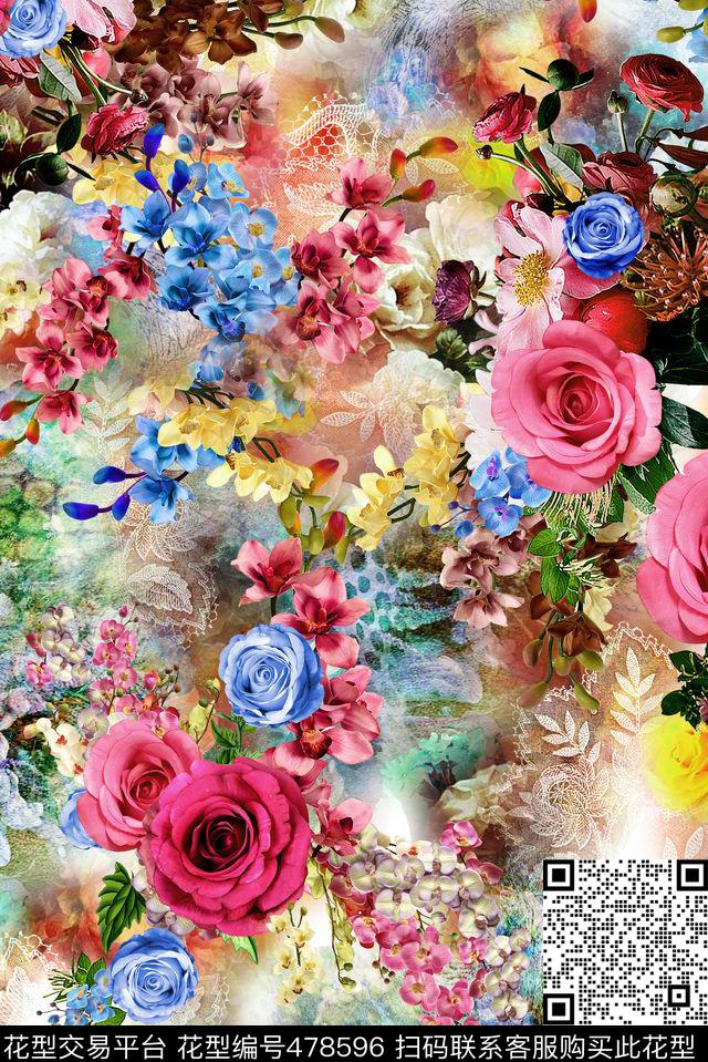 花卉蕾丝花朵数码印花华亿平台下载（图片编号: 478596） - 瓦栏（Walan）