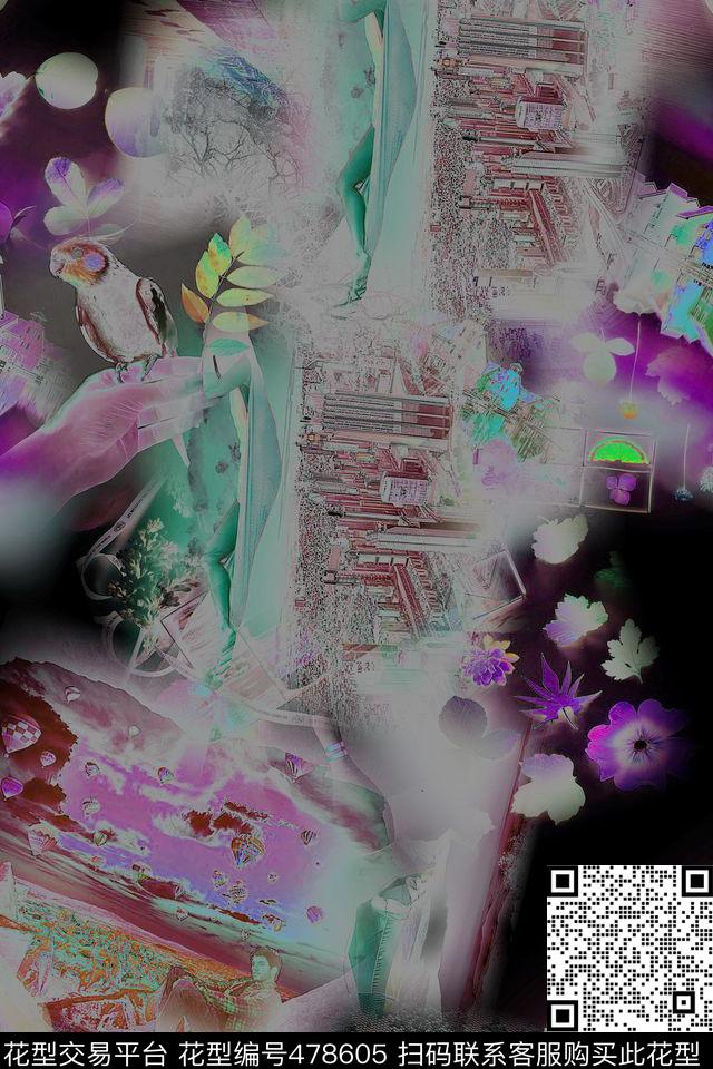 花鸟抽象时尚数码印花华亿平台下载（图片编号: 478605） - 瓦栏（Walan）