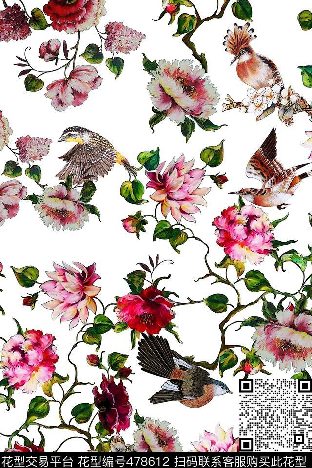 花卉小鸟枝条数码印花华亿平台下载（图片编号: 478612） - 瓦栏（Walan）