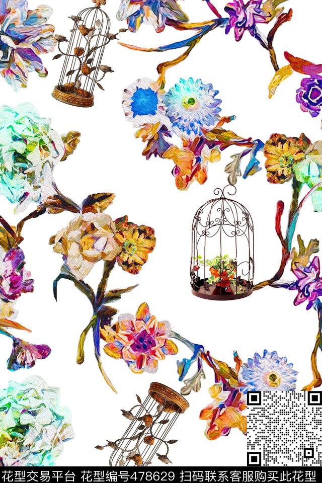 花卉鸟儿手绘数码印花华亿平台下载（图片编号: 478629） - 瓦栏（Walan）
