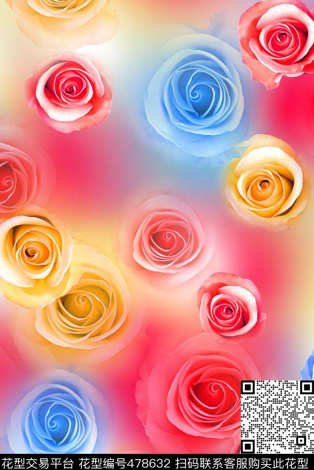 玫瑰花彩色简约数码印花华亿平台下载（图片编号: 478632） - 瓦栏（Walan）
