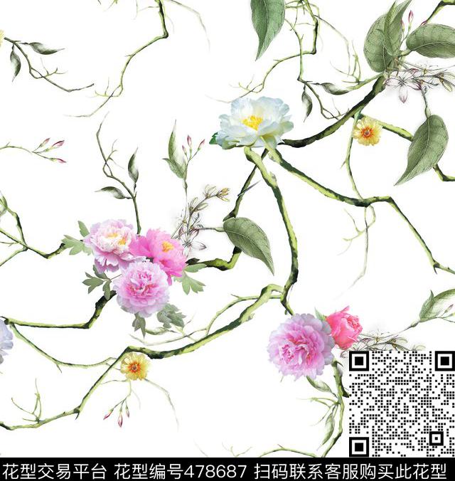 树枝花朵花卉数码印花华亿平台下载（图片编号: 478687） - 瓦栏（Walan）