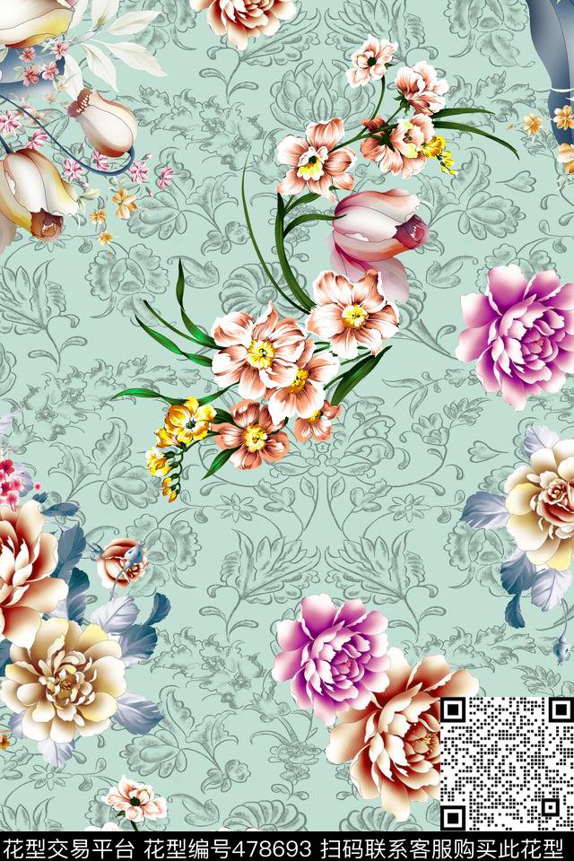 时尚女装花朵底纹花朵数码印花华亿平台下载（图片编号: 478693） - 瓦栏（Walan）