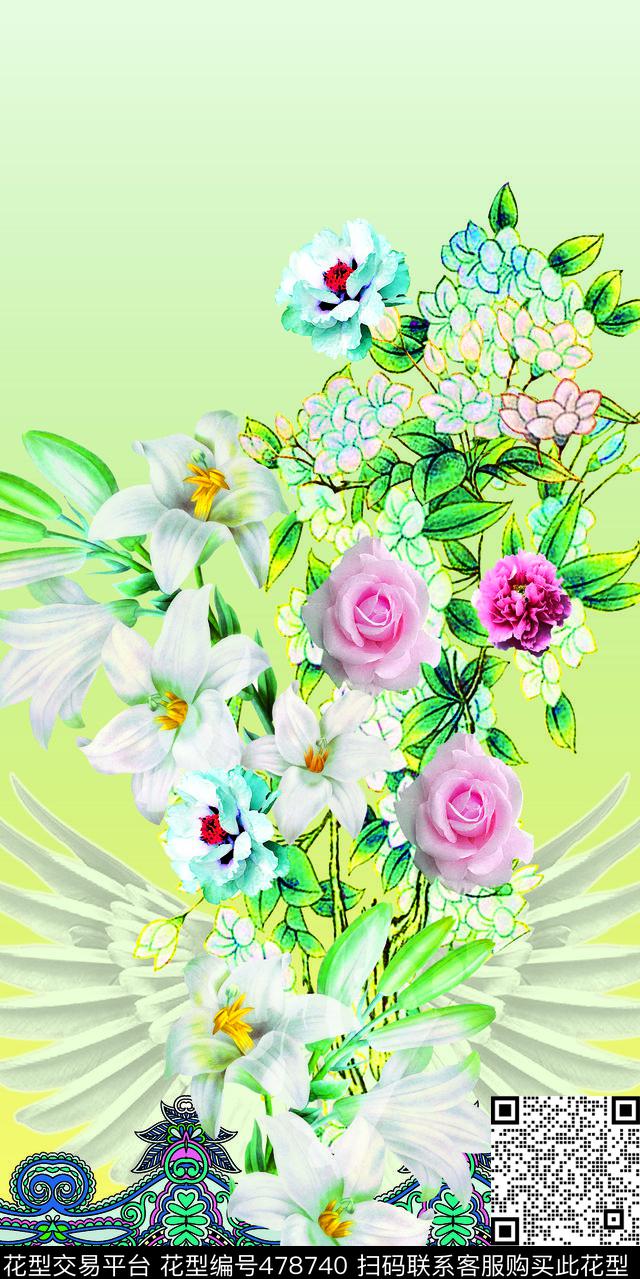 手绘花卉羽毛百合玫瑰数码印花华亿平台下载（图片编号: 478740） - 瓦栏（Walan）