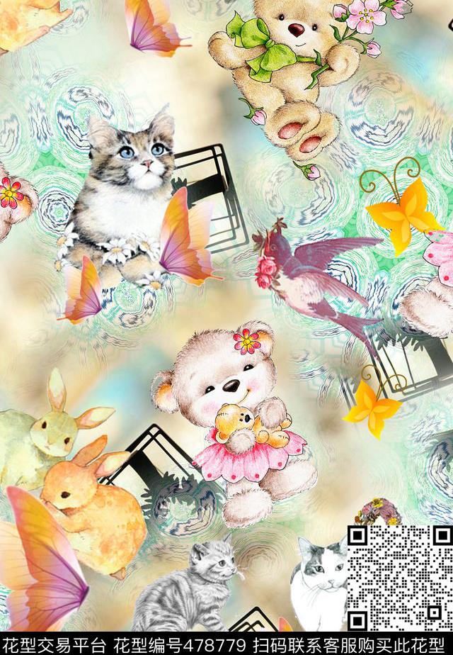 动物猫兔浅绿背景数码印花华亿平台下载（图片编号: 478779） - 瓦栏（Walan）