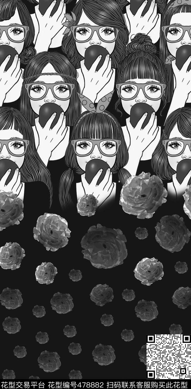潮流大牌素雅花卉黑白花数码印花华亿平台下载（图片编号: 478882） - 瓦栏（Walan）