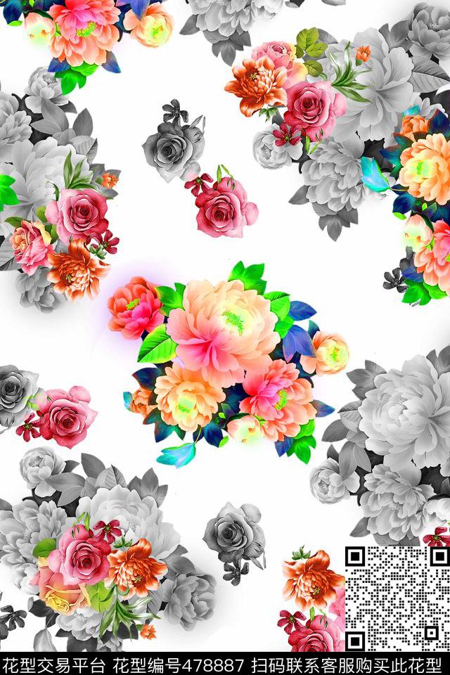 花卉潮流大牌绚丽多彩花卉数码印花华亿平台下载（图片编号: 478887） - 瓦栏（Walan）