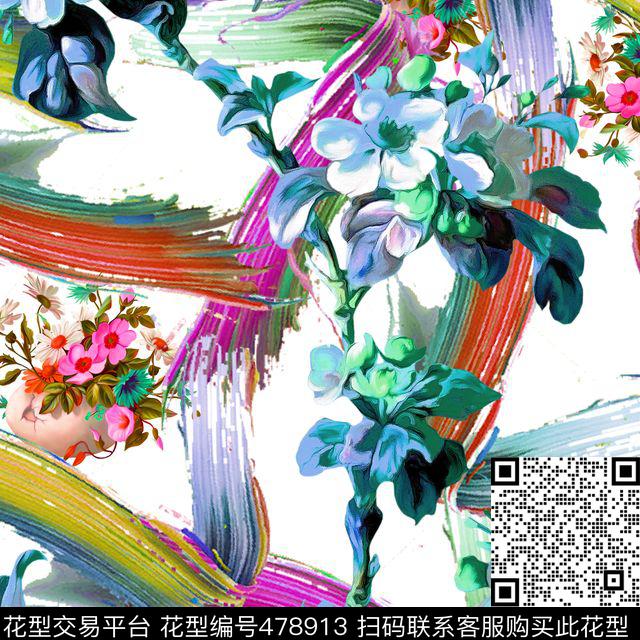 美丽毛笔花卉数码印花华亿平台下载（图片编号: 478913） - 瓦栏（Walan）