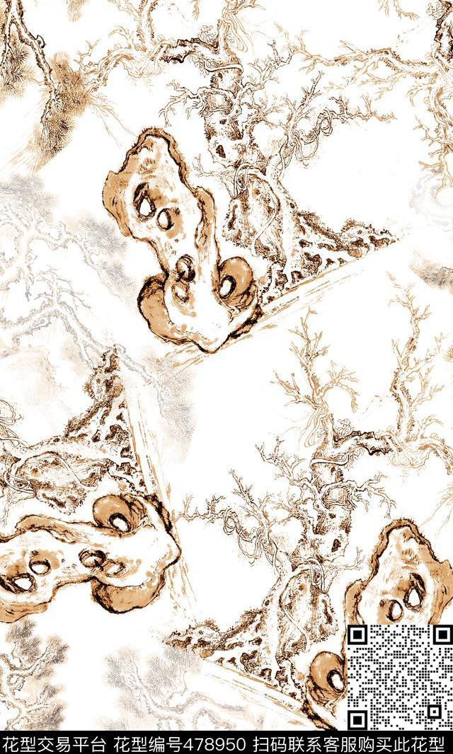 时尚手绘树木数码印花华亿平台下载（图片编号: 478950） - 瓦栏（Walan）
