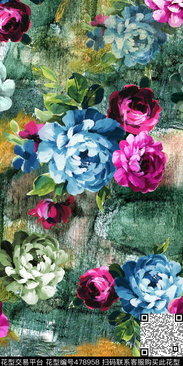 时尚花卉手绘数码印花华亿平台下载（图片编号: 478958） - 瓦栏（Walan）