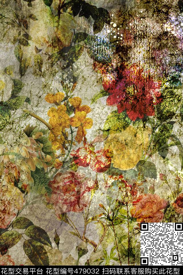 复古花卉肌理秋冬装数码印花华亿平台下载（图片编号: 479032） - 瓦栏（Walan）
