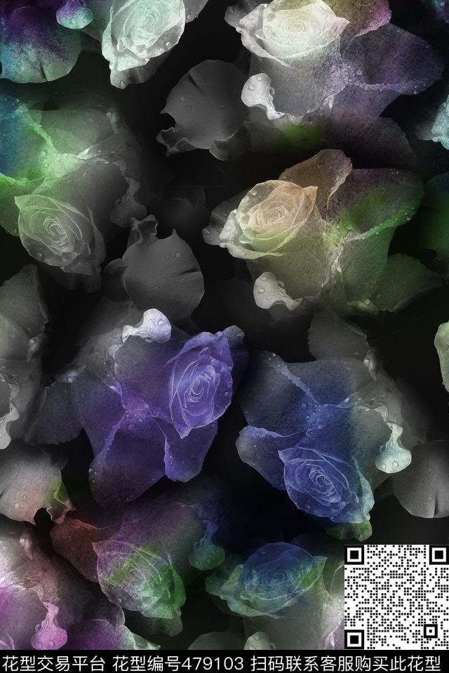 抽象滤色花卉玫瑰花数码印花华亿平台下载（图片编号: 479103） - 瓦栏（Walan）