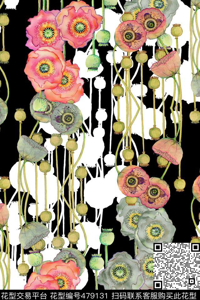 手绘水彩长枝花数码印花华亿平台下载（图片编号: 479131） - 瓦栏（Walan）