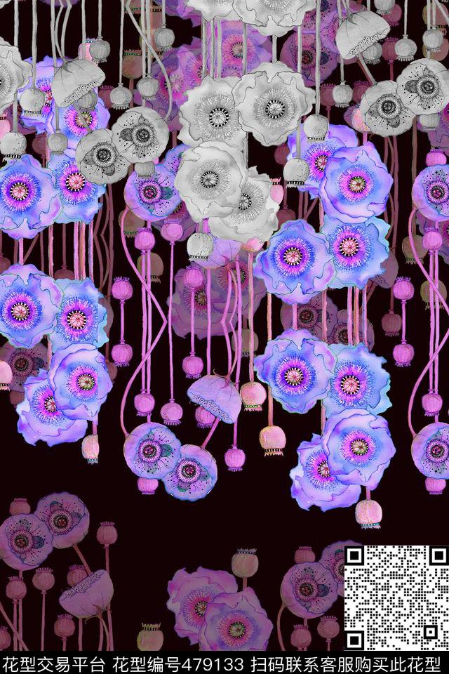 手绘水彩长枝花朵数码印花华亿平台下载（图片编号: 479133） - 瓦栏（Walan）