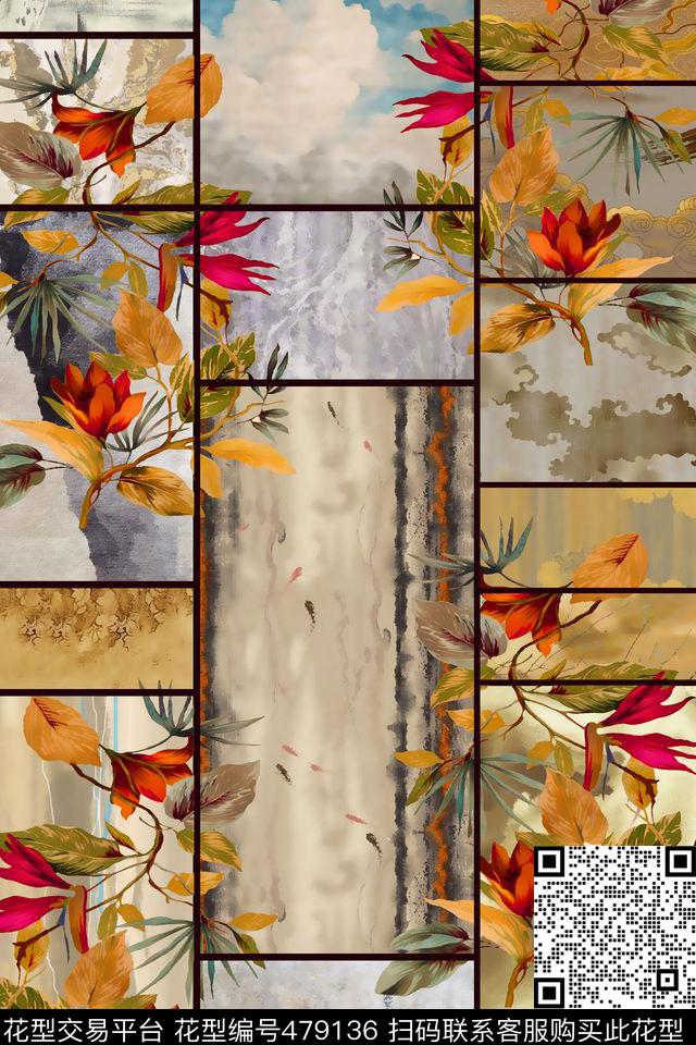 复古格子浮世绘花卉数码印花华亿平台下载（图片编号: 479136） - 瓦栏（Walan）