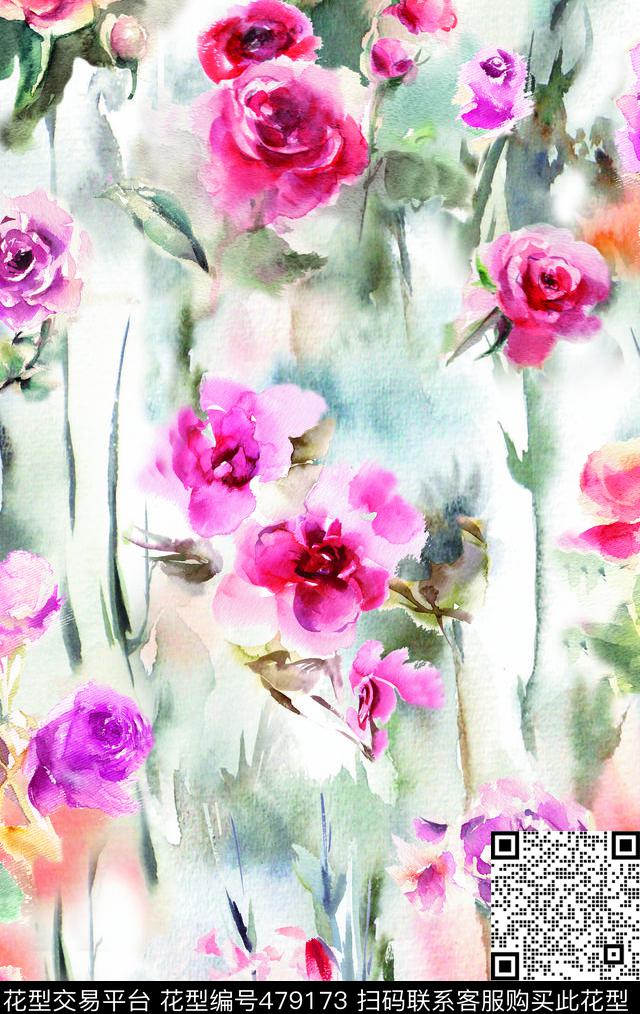 1/2跳接窗帘花卉数码印花华亿平台下载（图片编号: 479173） - 瓦栏（Walan）