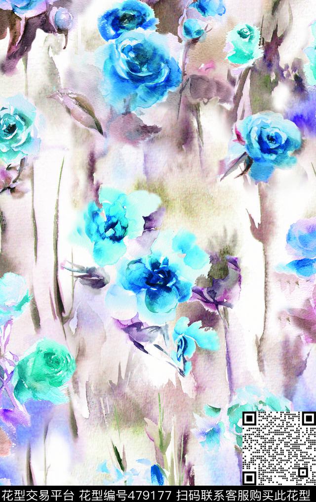1/2跳接花卉手绘数码印花华亿平台下载（图片编号: 479177） - 瓦栏（Walan）