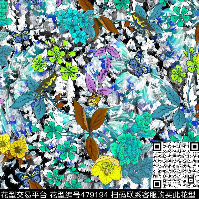 蝴蝶小鸟豹纹数码印花华亿平台下载（图片编号: 479194） - 瓦栏（Walan）