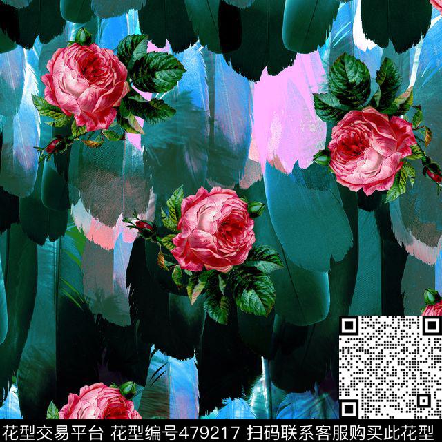 时尚羽毛玫瑰数码印花华亿平台下载（图片编号: 479217） - 瓦栏（Walan）