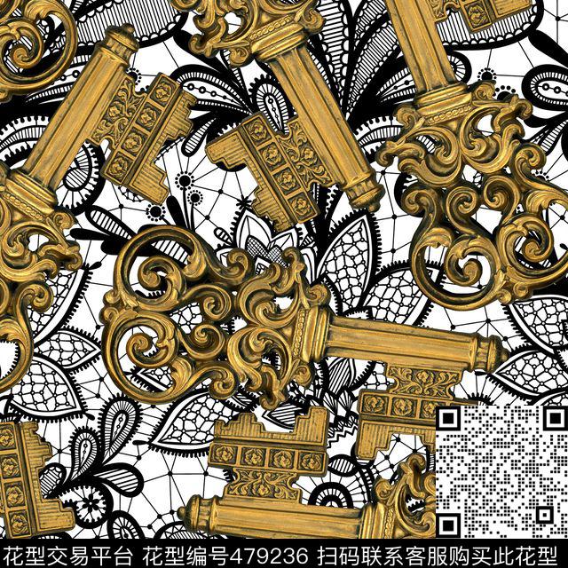 复古钥匙蕾丝数码印花华亿平台下载（图片编号: 479236） - 瓦栏（Walan）