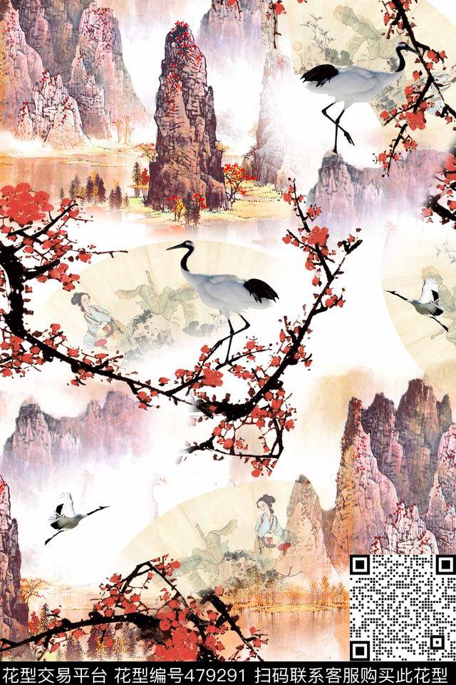 中国风工笔画山水画梅花数码印花华亿平台下载（图片编号: 479291） - 瓦栏（Walan）