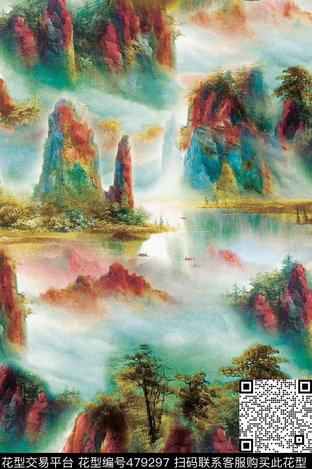 中国风潮流大牌山水画欧式风景数码印花华亿平台下载（图片编号: 479297） - 瓦栏（Walan）