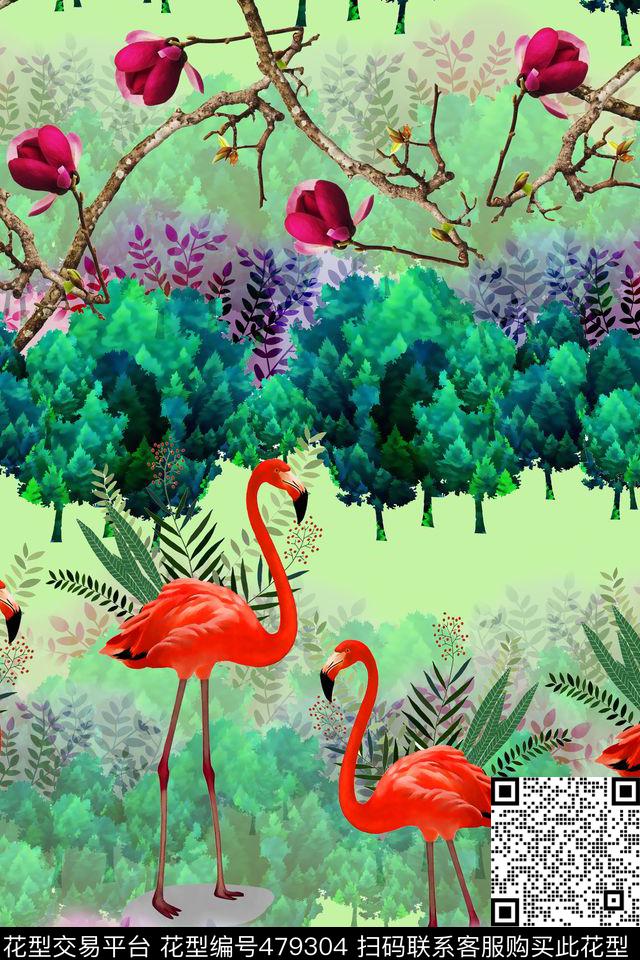 童话森林火烈鸟树枝花数码印花华亿平台下载（图片编号: 479304） - 瓦栏（Walan）