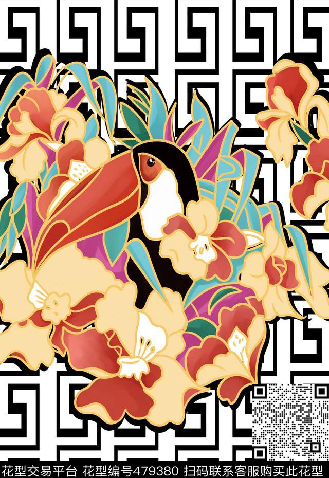 潮流时尚纯电脑手绘花卉数码印花华亿平台下载（图片编号: 479380） - 瓦栏（Walan）