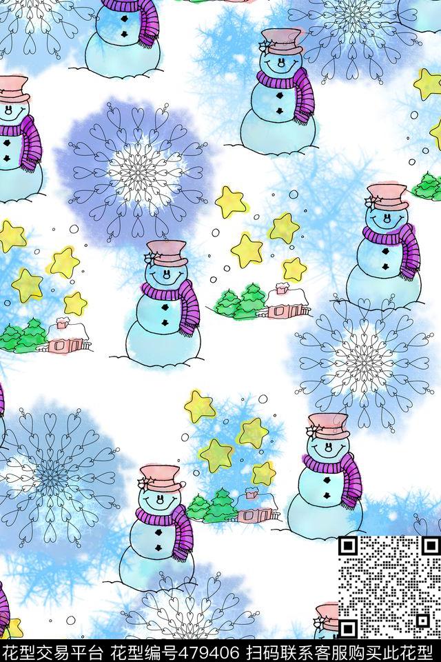 卡通雪人雪花传统印花华亿平台下载（图片编号: 479406） - 瓦栏（Walan）