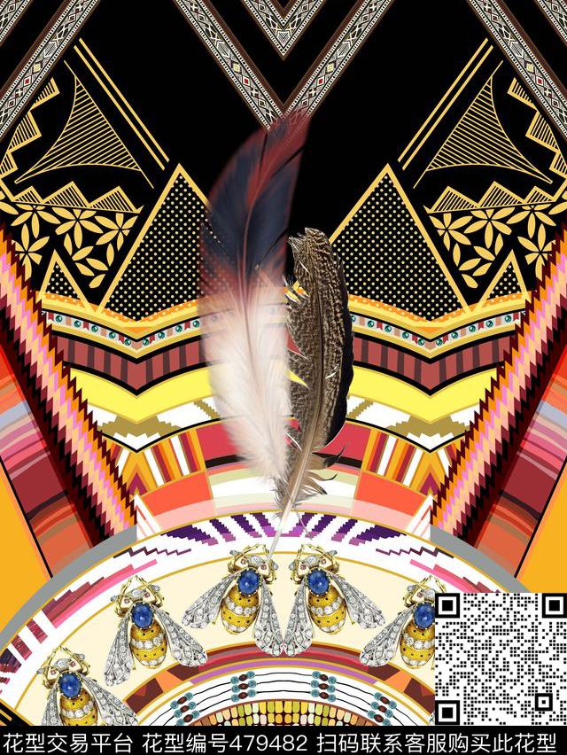 定位几何羽毛数码印花华亿平台下载（图片编号: 479482） - 瓦栏（Walan）