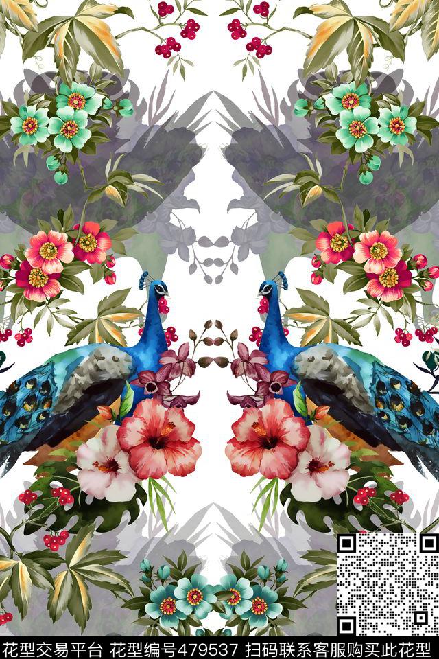 孔雀鸟语花香森林系类数码印花华亿平台下载（图片编号: 479537） - 瓦栏（Walan）