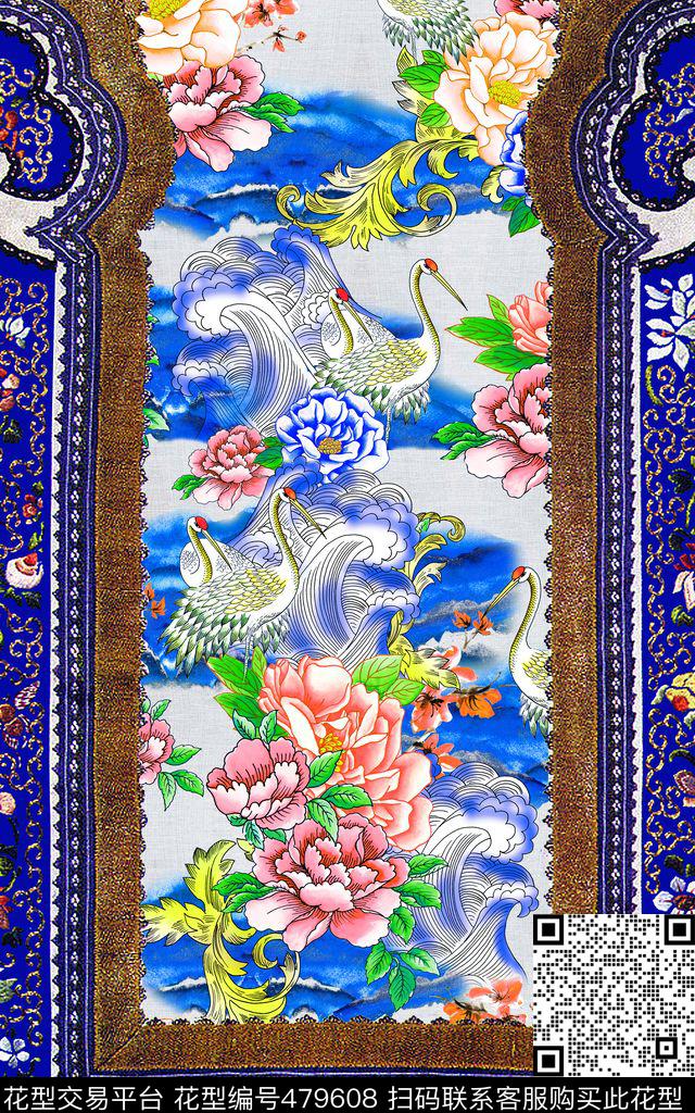 云纹仙雀图中国风数码印花华亿平台下载（图片编号: 479608） - 瓦栏（Walan）