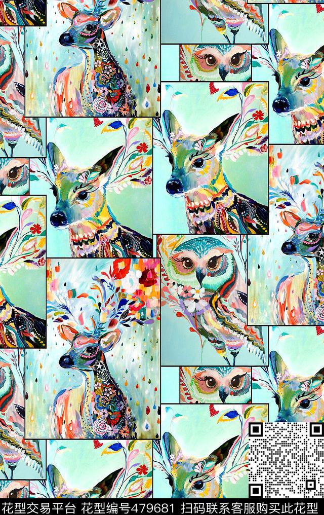 鹿猫头鹰时尚大牌年轻可爱手绘数码印花华亿平台下载（图片编号: 479681） - 瓦栏（Walan）