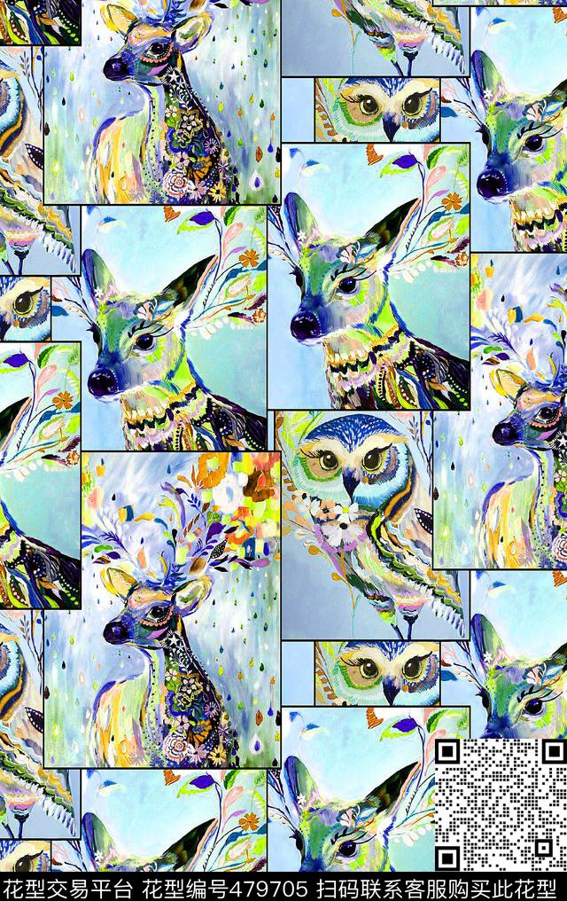 鹿猫头鹰时尚大牌年轻可爱手绘数码印花华亿平台下载（图片编号: 479705） - 瓦栏（Walan）