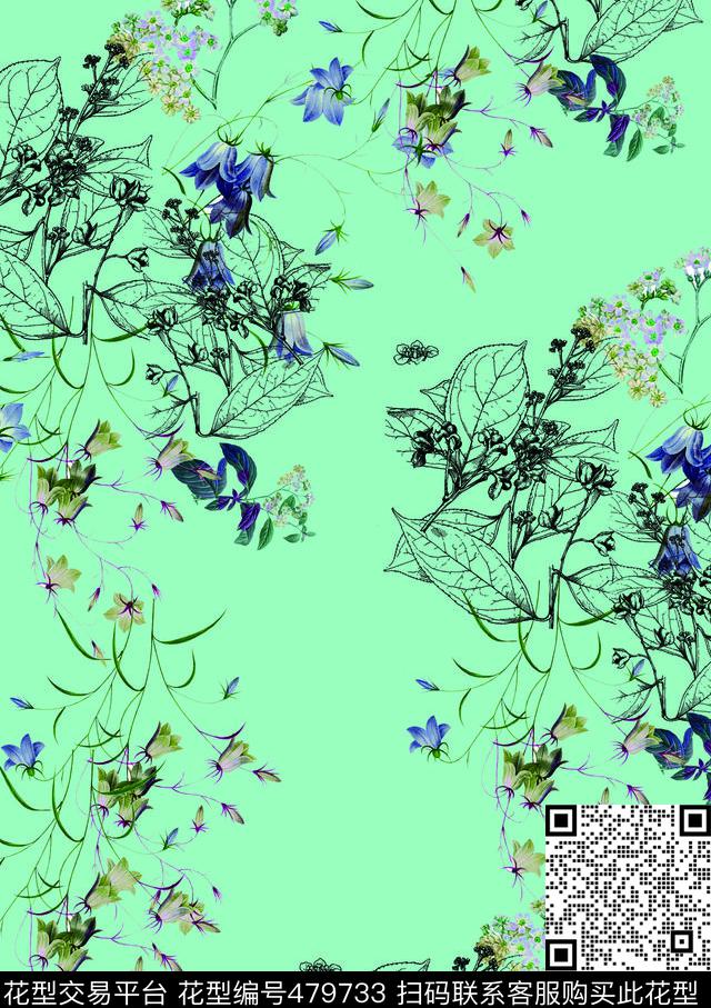 小清新花卉树枝数码印花华亿平台下载（图片编号: 479733） - 瓦栏（Walan）