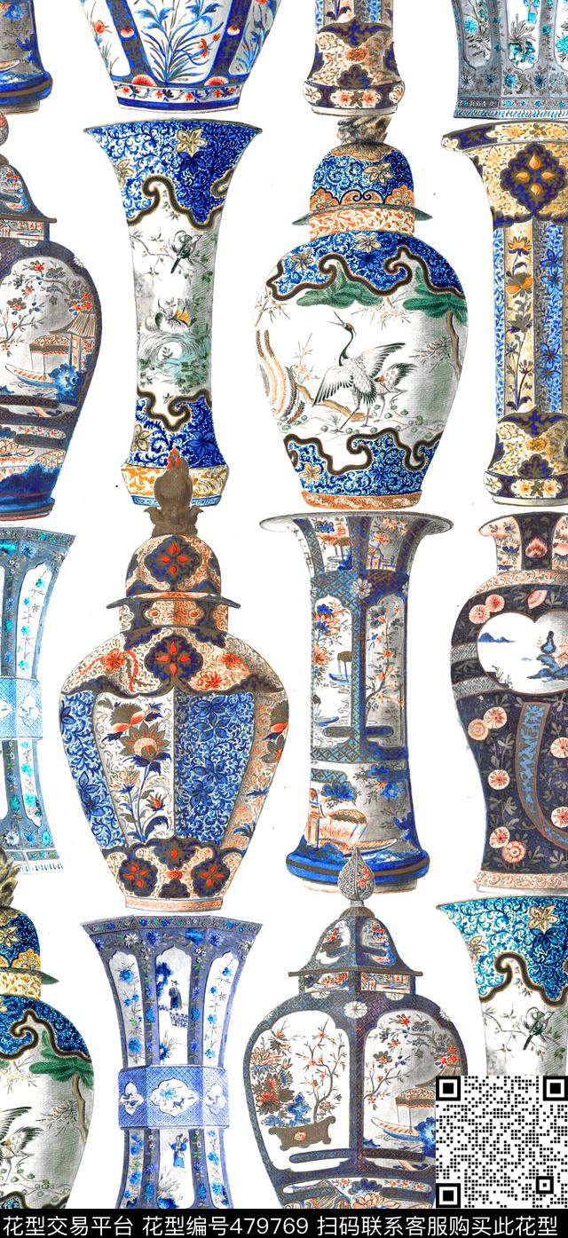 中国风青花瓷瓶子数码印花华亿平台下载（图片编号: 479769） - 瓦栏（Walan）