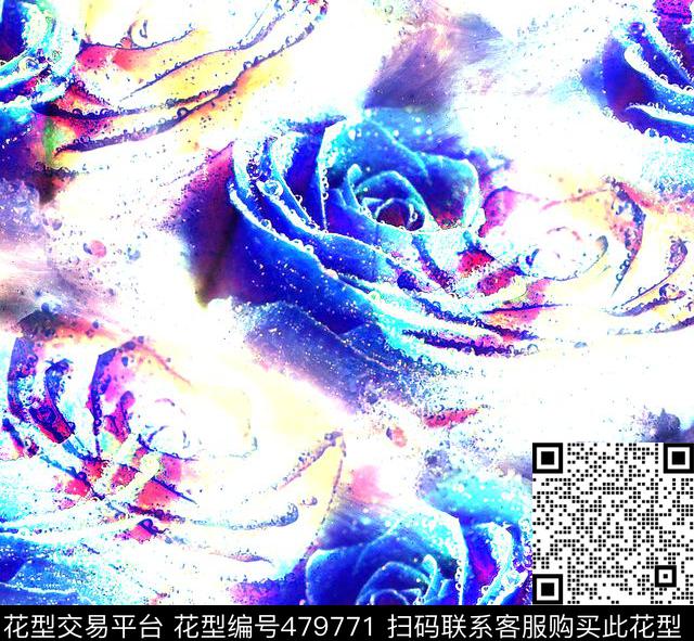 流行时尚手绘幻彩玫瑰欧美数码印花华亿平台下载（图片编号: 479771） - 瓦栏（Walan）